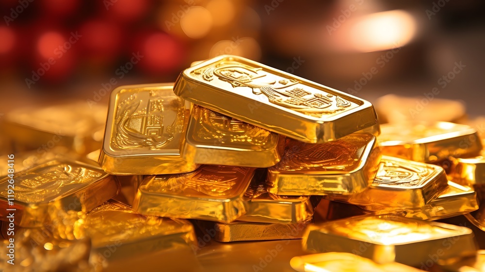 Closeup view of shimmering golden ingots or bullion used as decorative elements and symbols of prosperity and wealth during Chinese New Year and festivities Closeup view of shimmering golden ingots or bullion used as decorative elements and symbols of prosperity and wealth during Chinese New Year and festivities