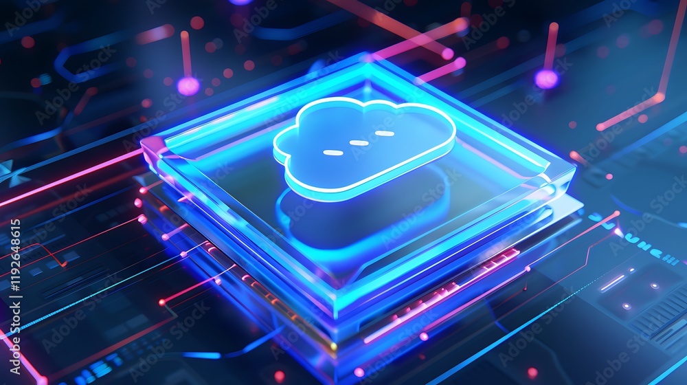 Obraz premium Futuristic Cloud Computing Concept with Neon Lights and Digital Circuitry on a Dark Background