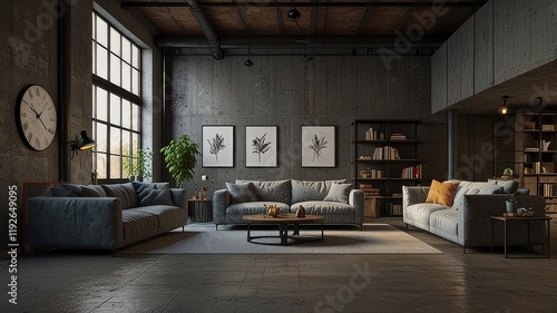 Wallpaper Mural Living room interior in loft, industrial style, 3d render Torontodigital.ca