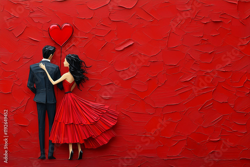 couple in love on red background, oil painting photo