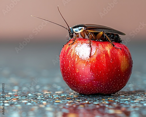 Unwelcome Intruder   Cockroach Perched on Shiny Red Apple with Glossy Reflection photo