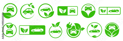 Set of green electric cars with plug. Electric car with plug icon set. EV car, Green hybrid vehicles charging point. Eco friendly vehicle concept.