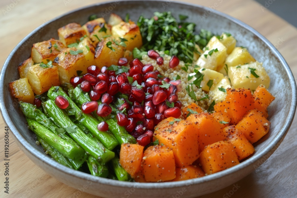 Buddha bowl presenting roasted potatoes, asparagus, pomegranate, quinoa, and butternut squash Buddha bowl presenting roasted potatoes, asparagus, pomegranate, quinoa, and butternut squash