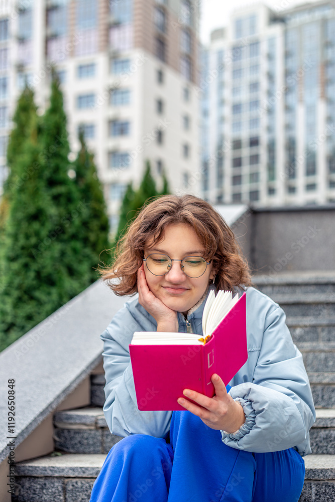 Fototapeta premium Girl reading a book on the street close-up. Teenage girl reading a book.
