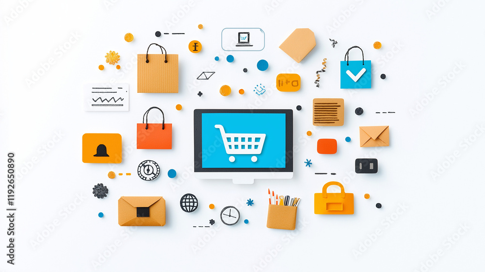 Online Shopping Experience: A vibrant flat lay showcasing a computer screen with a shopping cart icon surrounded by various colorful shopping elements, including bags, boxes. Online Shopping Experience: A vibrant flat lay showcasing a computer screen with a shopping cart icon surrounded by various colorful shopping elements, including bags, boxes.