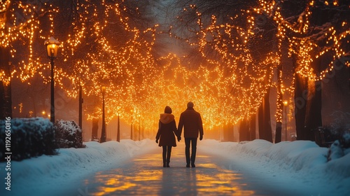 Winter evening scene with a couple holding hands, walking through a serene snow-covered park illuminated by festive lights.