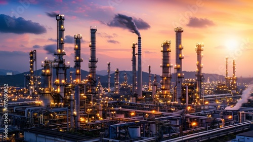 Wallpaper Mural Industrial Oil Refinery at Dusk with Illuminated Lights Torontodigital.ca