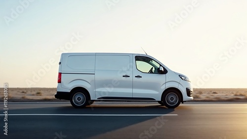White van with mockup for place is driving on the road.