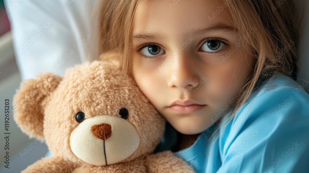 Young girl with blue eyes holding a teddy bear in a hospital bed, displaying sadness and vulnerability in a sterile environment Young girl with blue eyes holding a teddy bear in a hospital bed, displaying sadness and vulnerability in a sterile environment
