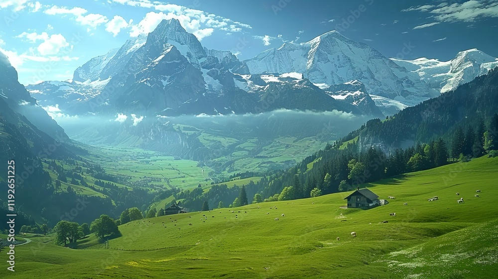 Obraz premium Idyllic Swiss Valley with Green Pastures and Snow-Capped Peaks
