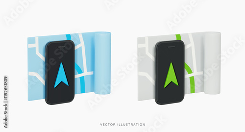 3D Phone with GPS mobile navigator and paper map. Location tracking concept. Directional arrow on screen smartphone. Cartoon design icons isolated on white background. 3D Vector illustration