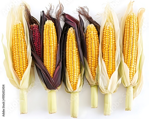 Photorealistic image of corn in multiple stages of ripeness, isolated on white background, highlighting the intricate details and growth variations. photo