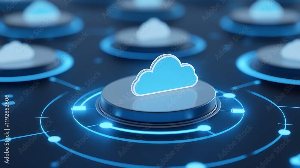 Futuristic Cloud Technology Interface with Network Connections and Glowing Elements Futuristic Cloud Technology Interface with Network Connections and Glowing Elements