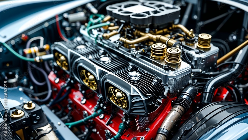 Fototapeta premium Intricate Close-Up of a Custom Race Car Engine Showcasing Unique Mechanical Design Element