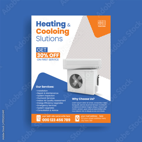 HVAC service  print flyer or poster template, Air Conditioner Repair Service editable flyer or poster, Ac maintenance, installation Service flyer poster leaflet design with realistic ac illustration