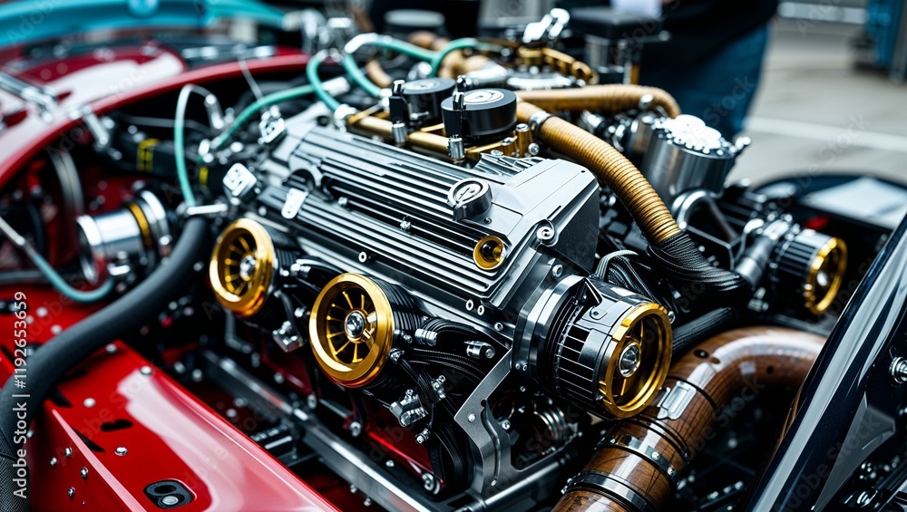 Intricate Close-Up of a Custom Race Car Engine Showcasing Unique Mechanical Design Element Intricate Close-Up of a Custom Race Car Engine Showcasing Unique Mechanical Design Element