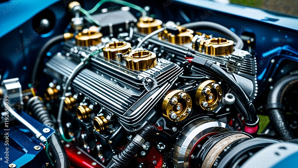 Intricate Close-Up of a Custom Race Car Engine Showcasing Unique Mechanical Design Element Intricate Close-Up of a Custom Race Car Engine Showcasing Unique Mechanical Design Element