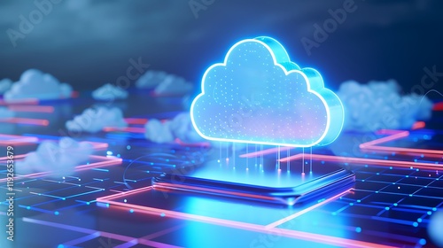 Futuristic Digital Cloud Computing Concept With Neon Glow, Data Connections, And Virtual Technology