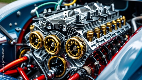 Intricate Close-Up of a Custom Race Car Engine Showcasing Unique Mechanical Design Element
