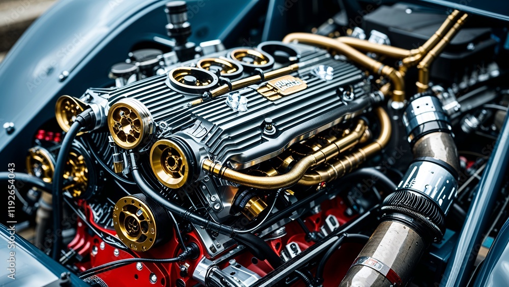 Intricate Close-Up of a Custom Race Car Engine Showcasing Unique Mechanical Design Element Intricate Close-Up of a Custom Race Car Engine Showcasing Unique Mechanical Design Element