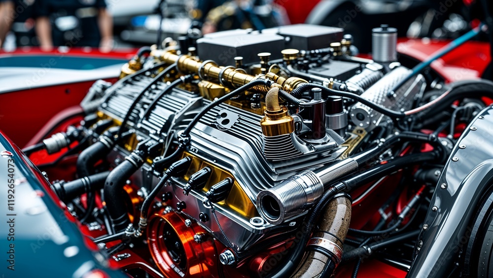 Intricate Close-Up of a Custom Race Car Engine Showcasing Unique Mechanical Design Element Intricate Close-Up of a Custom Race Car Engine Showcasing Unique Mechanical Design Element