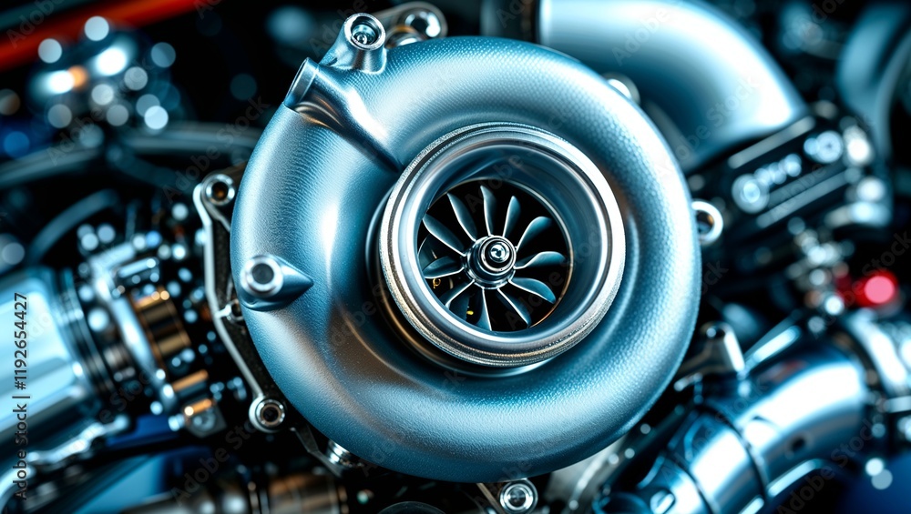 Turbocharged Performance: A close-up of a powerful turbocharger, showcasing the intricate engineering and sleek design of this high-performance automotive component Turbocharged Performance: A close-up of a powerful turbocharger, showcasing the intricate engineering and sleek design of this high-performance automotive component