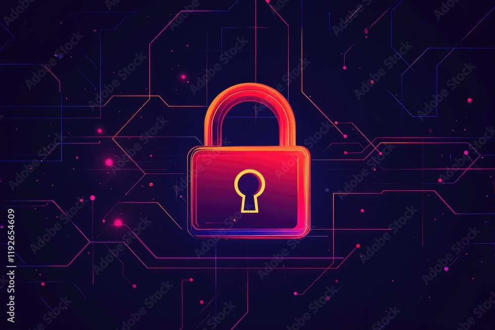 Glowing padlock symbolizing digital security on circuit board background Glowing padlock symbolizing digital security on circuit board background