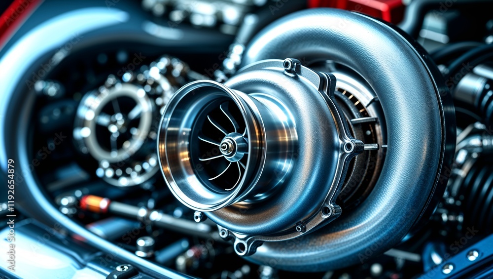 Turbocharged Performance: A close-up of a powerful turbocharger, showcasing the intricate engineering and sleek design of this high-performance automotive component Turbocharged Performance: A close-up of a powerful turbocharger, showcasing the intricate engineering and sleek design of this high-performance automotive component