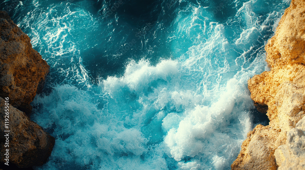 Obraz premium Waves crash against rocky shore, creating a vibrant ocean display at sunset