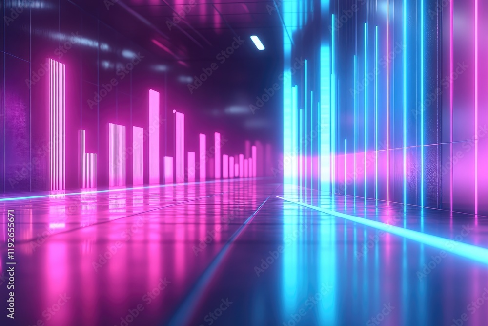 Neon lights illuminating futuristic corridor with pink and blue reflections Neon lights illuminating futuristic corridor with pink and blue reflections