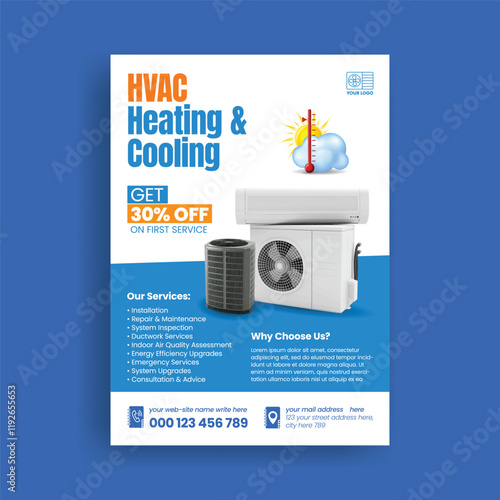 HVAC service  print flyer or poster template, Air Conditioner Repair Service flyer, Ac maintenance, installation Service flyer poster leaflet design with realistic ac illustration