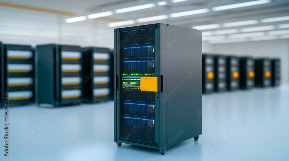 Sleek server rack stands in brightly lit data center rows of identical units. AI Generated Sleek server rack stands in brightly lit data center rows of identical units. AI Generated