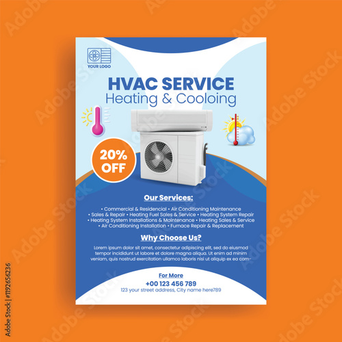 HVAC Repair, maintenance, and installation Service a4 size vertical print flyer or poster template, modern HVAC service leaflet or brochure cover design