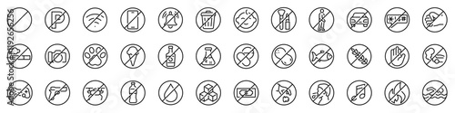 Set of 36 outline icons related to most common prohibitions. Linear icon collection. Editable stroke. Vector illustration	