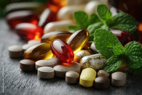 Colorful vitamins and supplements promoting health and well-being photo