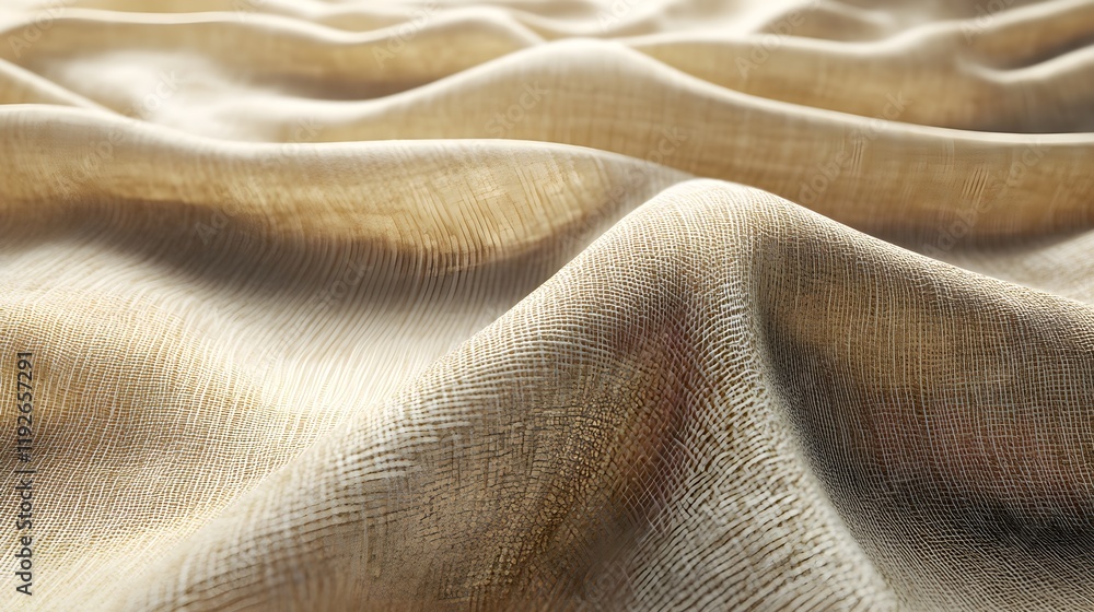 Fototapeta premium A detailed 3D render of organic hemp fabric, focusing on the unique weave and texture; the illustration captures the natural variations in color and fiber, illustrating the fabric's organic 