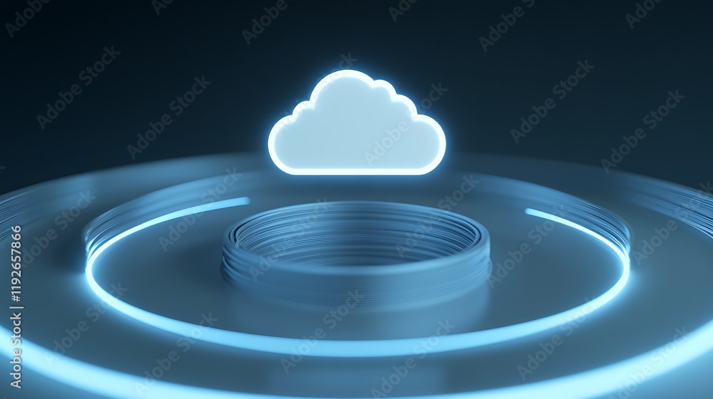 Obraz premium Glowing Cloud Symbol Above Circular Base with Blue Light Generated in Dark Background for Technology Concept