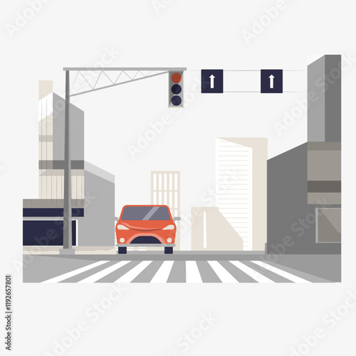 Red car at a city crosswalk with traffic lights in flat vector illustration symbolizing urban transportation, commuting, and road safety, isolated on white background.