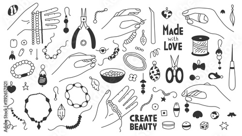 Jewelry Making and Beading Doodle Set. Handcraft outline design elements with hand holding bead charm finding supplies. Handmade bracelet equipment