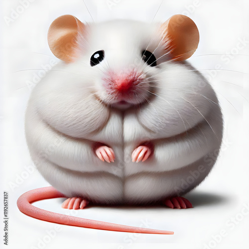 Mighty Mouse: A fluffy white mouse, with an unexpected muscular physique, sits confidently with a mischievous grin, showcasing a playful juxtaposition of cuteness and strength. photo