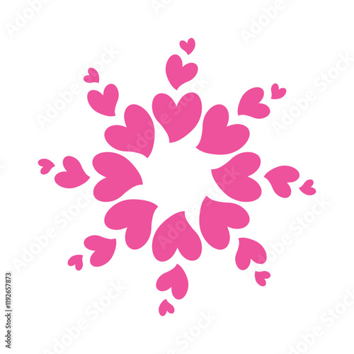 Logo con corazones girando. Banner con marco circular con forma de estrella para tarjetas y felicitaciones de San Valentín