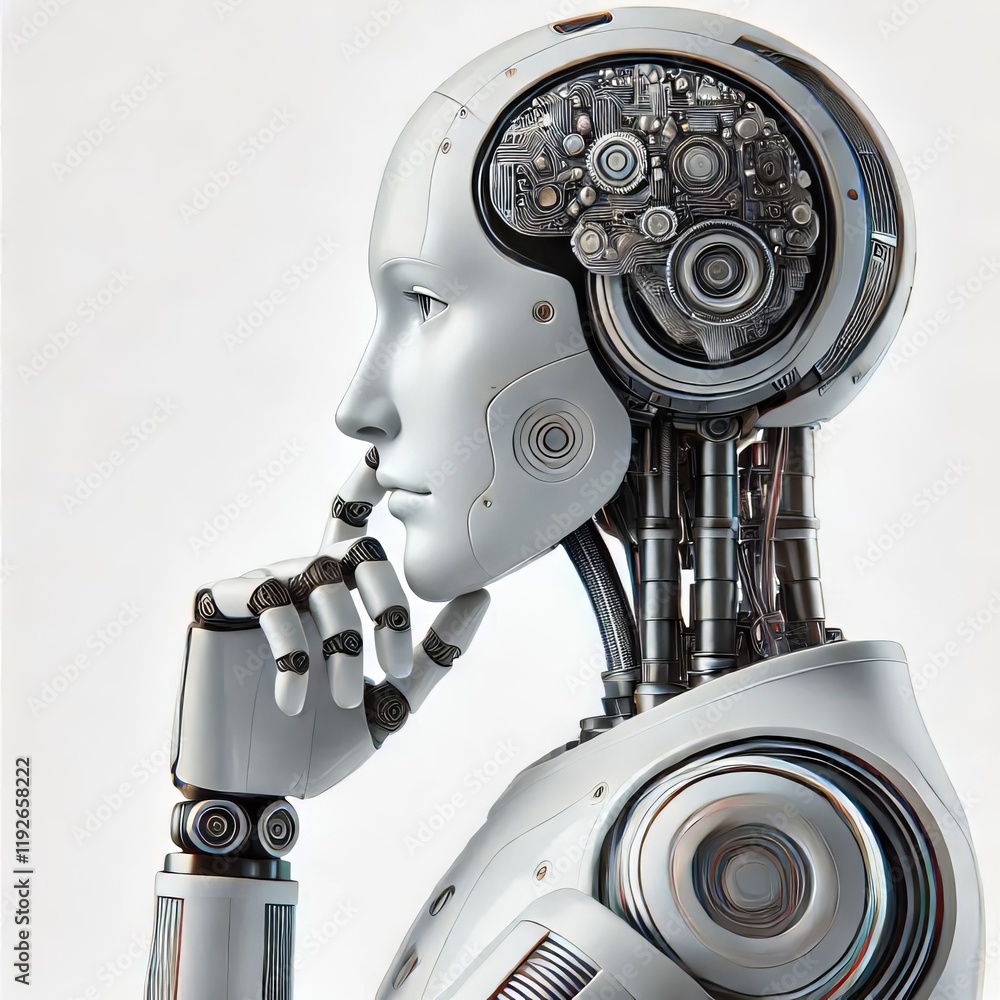 Fototapeta premium ai robot thinking, side view 