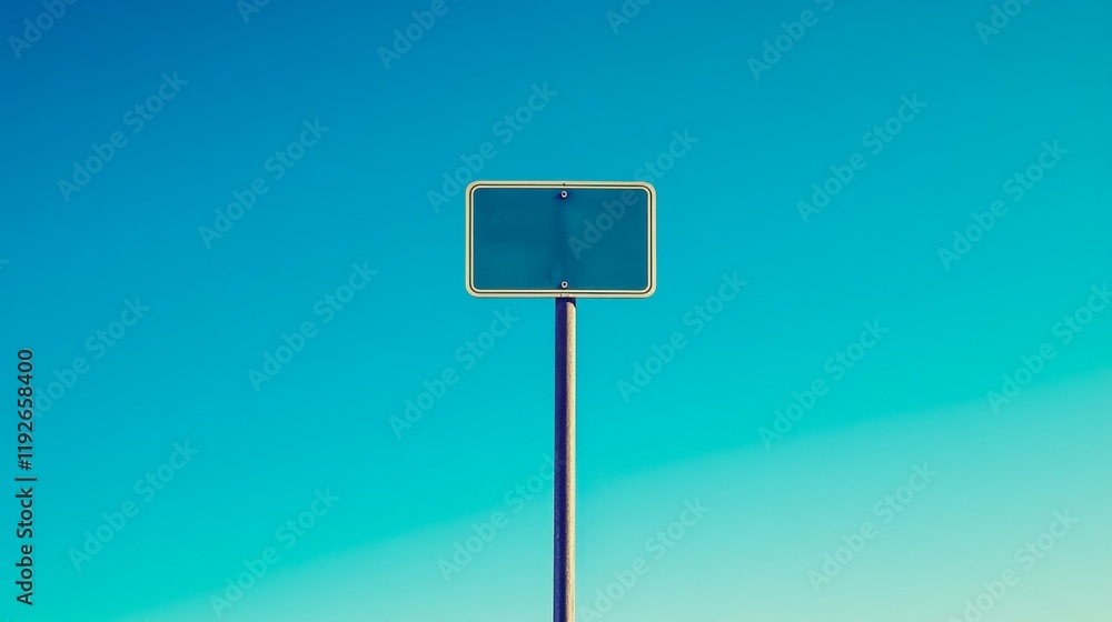 A minimalistic image featuring a blank sign on a pole against a vibrant blue sky, evoking a sense of tranquility and space A minimalistic image featuring a blank sign on a pole against a vibrant blue sky, evoking a sense of tranquility and space