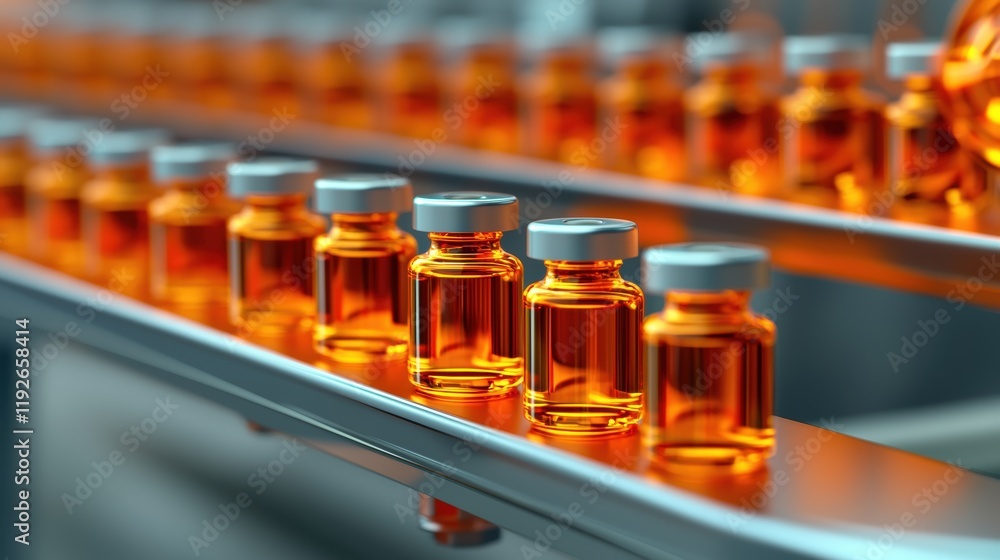 Fototapeta premium Long conveyor with identical medicine bottles, symbolizing the mass production of pharmaceuticals in a cutting-edge facility