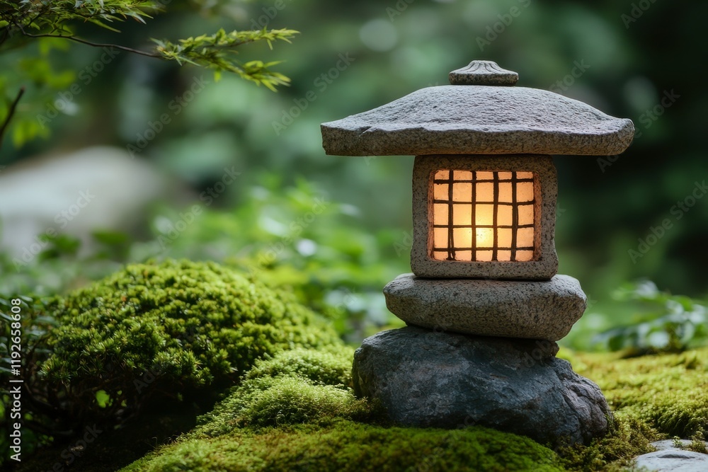 A serene stone lantern surrounded by lush green moss and natural foliage, glowing softly in a peaceful garden setting A serene stone lantern surrounded by lush green moss and natural foliage, glowing softly in a peaceful garden setting