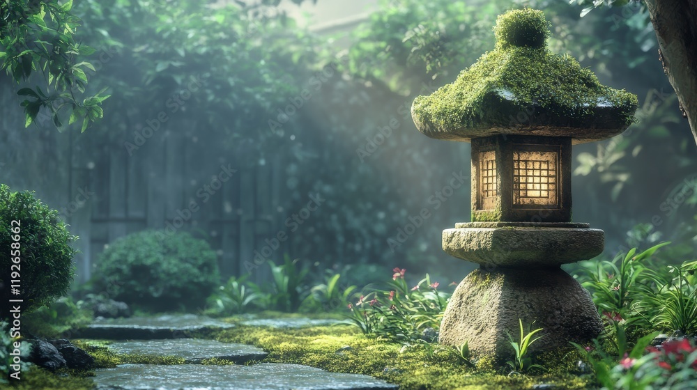 A serene garden featuring a stone lantern covered in moss, surrounded by lush greenery and flowers, evoking tranquility and natural beauty A serene garden featuring a stone lantern covered in moss, surrounded by lush greenery and flowers, evoking tranquility and natural beauty