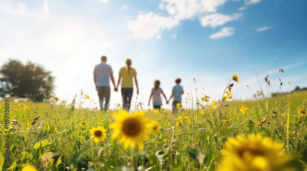 Family Walks Hand in Hand Through a Blooming Flower Field Family Walks Hand in Hand Through a Blooming Flower Field