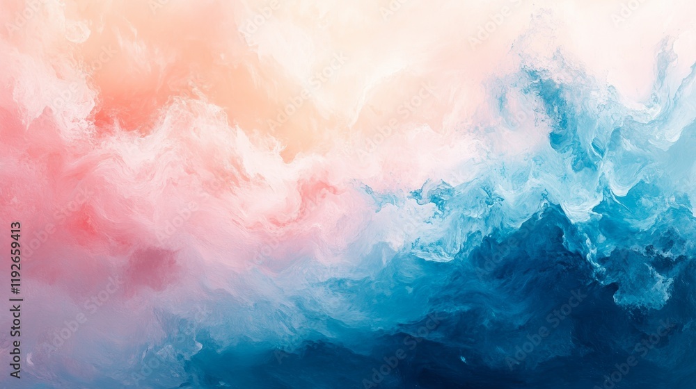 Obraz premium A vibrant abstract artwork featuring swirling colors of pink, blue, and white, evoking a sense of calm and creativity through its fluid forms and soft textures