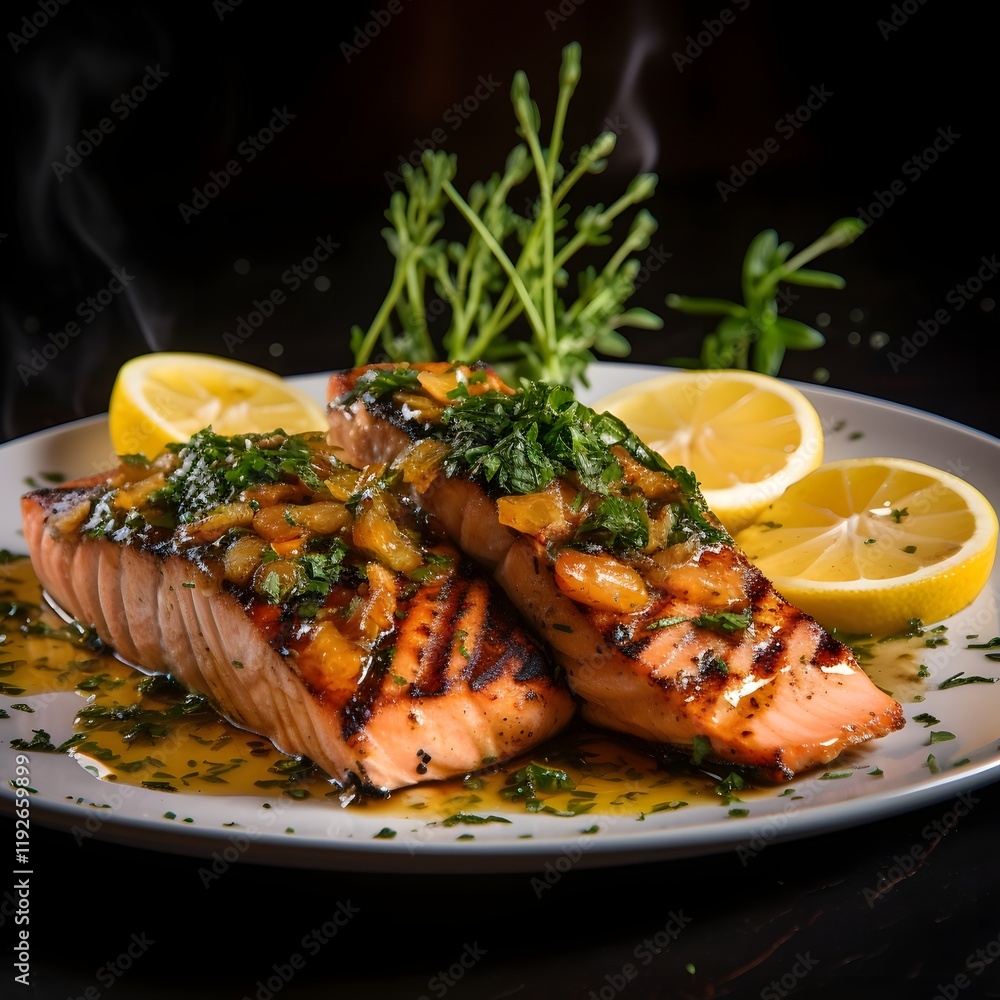Beautifully plated grilled salmon fillet served with fresh lemon slices and fragrant herbs showcasing an exquisite fine dining culinary presentation Beautifully plated grilled salmon fillet served with fresh lemon slices and fragrant herbs showcasing an exquisite fine dining culinary presentation