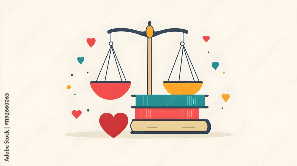 An engaging flat design image showcasing a balanced scale featuring stacked law books alongside a prominent heart, representing the idea of justice tempered with empathy; the colorful design An engaging flat design image showcasing a balanced scale featuring stacked law books alongside a prominent heart, representing the idea of justice tempered with empathy; the colorful design
